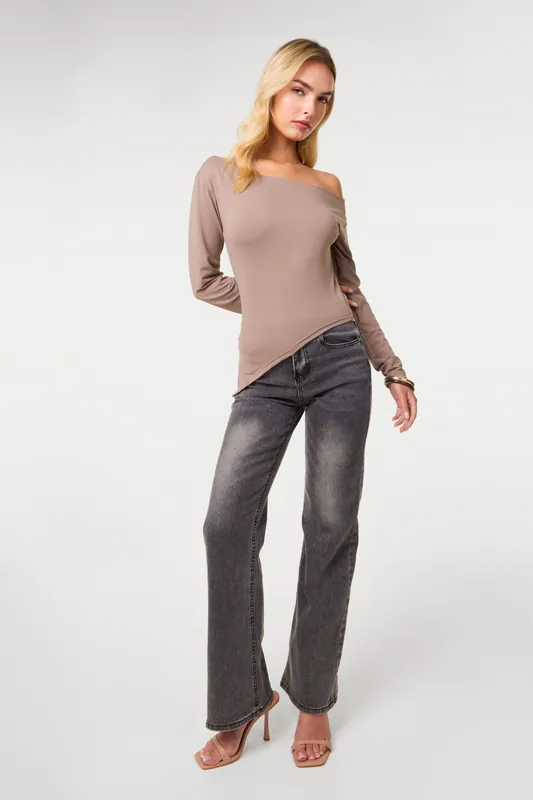 Light Brown Off Shoulder Asymmetric Hem Top - Pink Vanilla