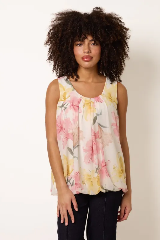 Pink Scoop Neck Puffball Sleeveless Top - Blue Vanilla
