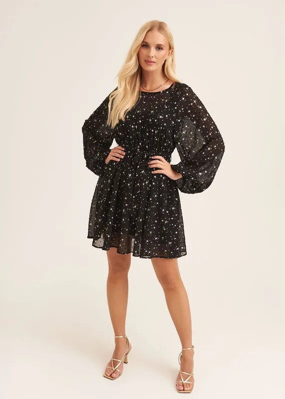 Black Star Print Long Sleeve Mini Dress - Gini London