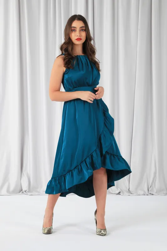 Sleeveless Satin Frill Hem Wrap Dress - DOUBLE SECOND