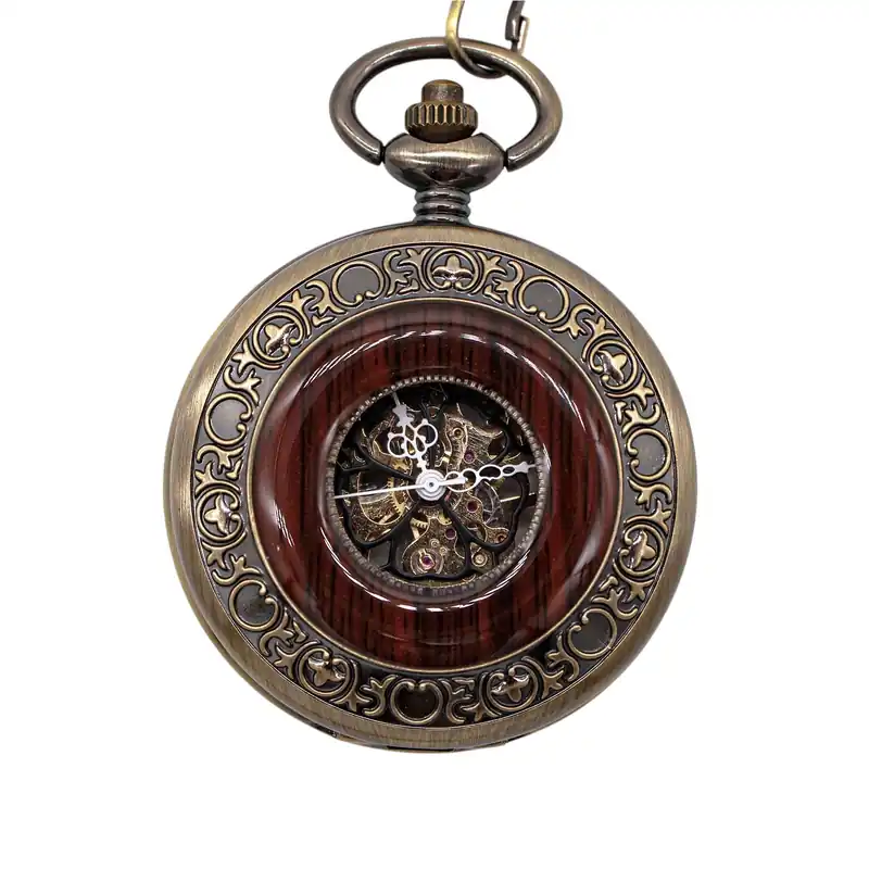 Vintage Wooden Skeleton Half Hunter Alloy Pocket Watch - Infinity Leather