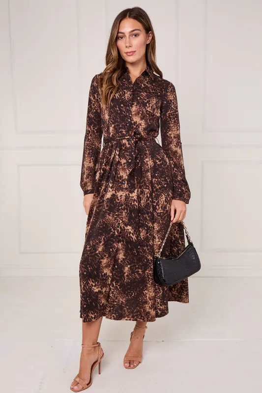 Brown Leopard Print Midaxi Shirt Dress - Love Sunshine