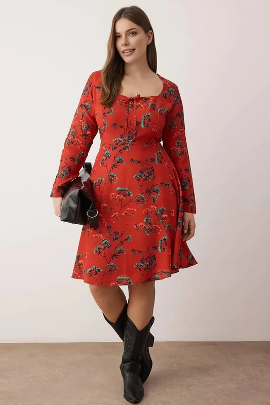 Square Neck Floral Tie Detail Fit & Flare Mini Dress - WOVCOR