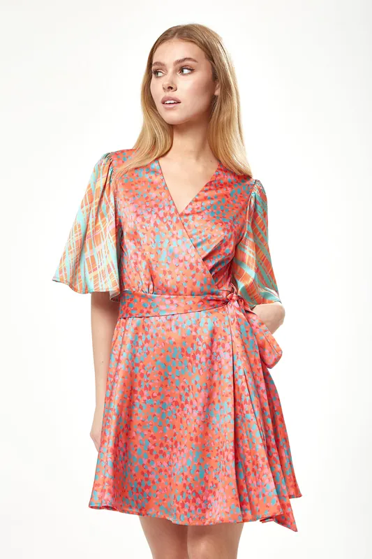 Orange Printed Mini Wrap Dress with Kimono Sleeves - Liquorish