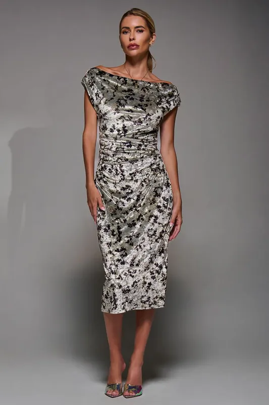 Velvet Print Ruched Bodycon Dress - Jolie Moi