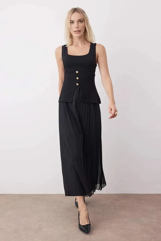 Sleeveless Maxi Knit Dress with Pleated Tulle Skirt and Button Detail - WOVCOR