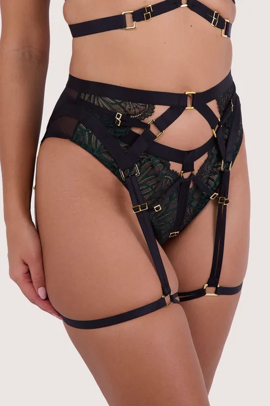 Tabitha Dark Green Wet-Look Lace 'Harness Suspender'