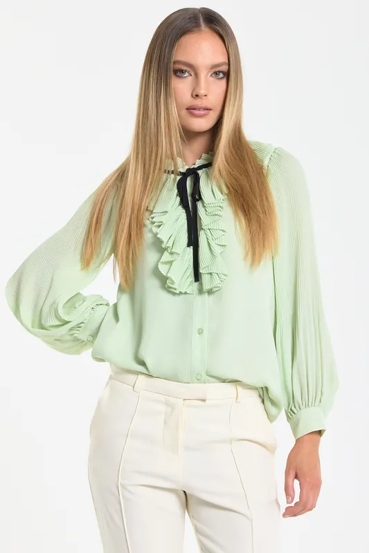 Mint Tie Neck Pleated Sleeve Frill Blouse - Liquorish