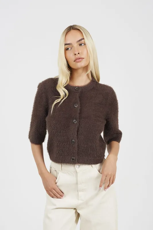 Short Sleeve Fluffy Yarn Cardigan - Brave Soul