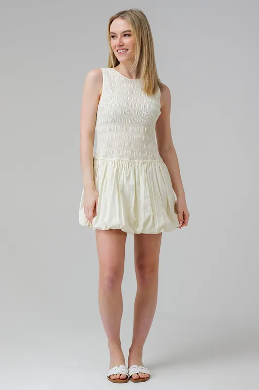 Cotton Shirred Puff Skirt High Crew Neck Sleeveless Mini Dress - Wednesday's Girl