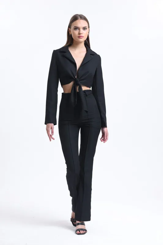 Cropped Shirt & High Waist Trousers with Tie Up Detail - Hiccup