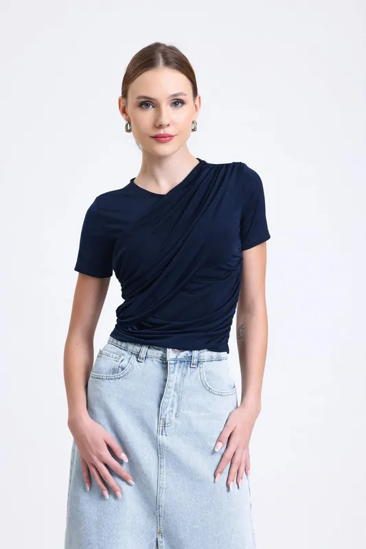 Round Neck Slinky Fabric Shoulder To Waist Gathered Top - Hiccup