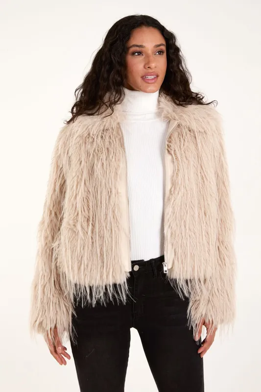 Textured Faux Fur Collar Coat - Blue Vanilla