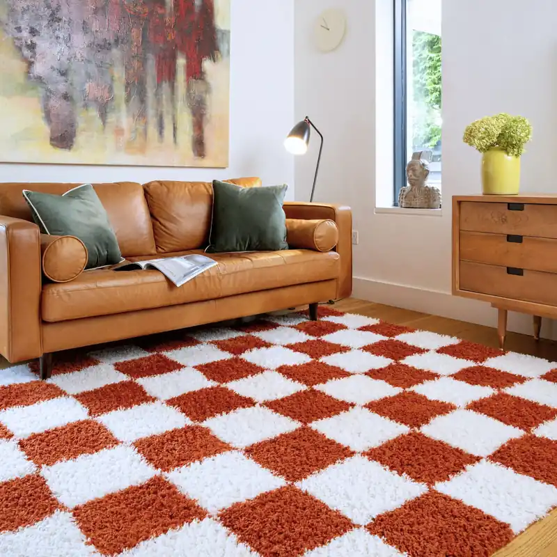 Terracotta Beige Shaggy Checkerboard Checked Living Room Area Rug - Kukoon
