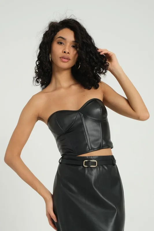 Strapless Faux Leather Underwire Cropped Top - Hiccup