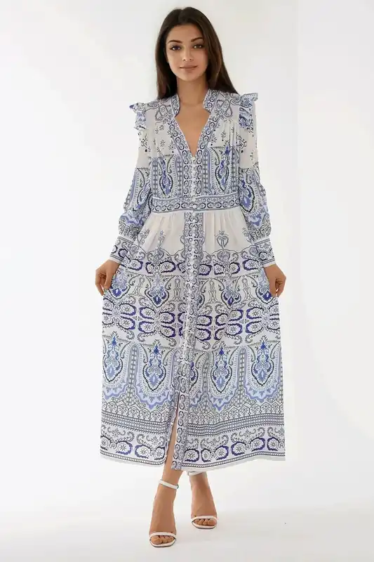 Printed V-Neck Maxi Dress with Ruffle Detail