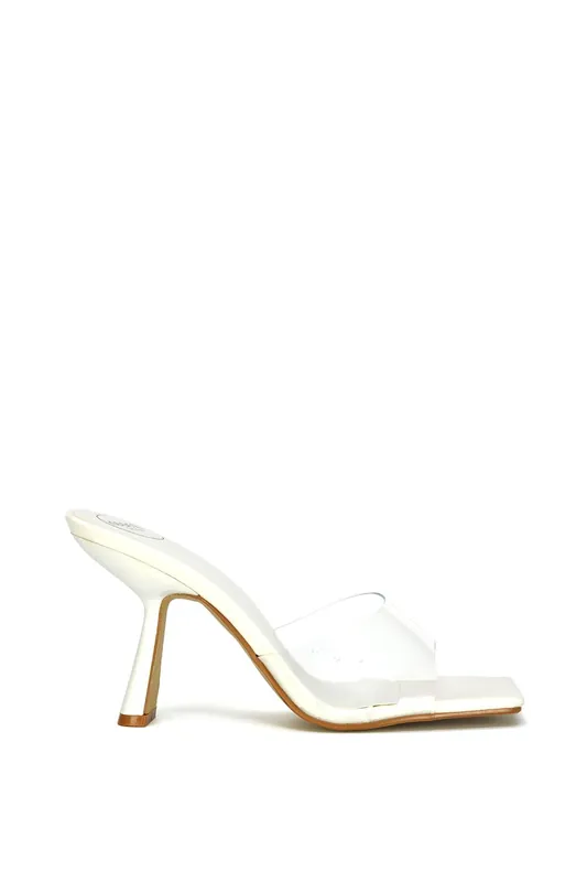 Lacie' Square Toe Thin Block High Heel Mule Sandals With Perspex Strap - XY London