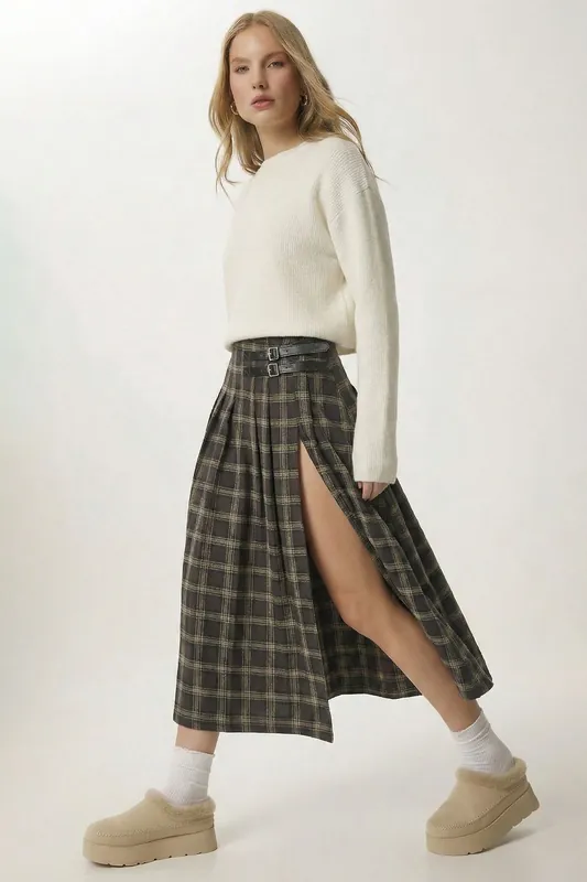 Plaid High Waist Midi Skirt with Belt - Happiness Istanbul