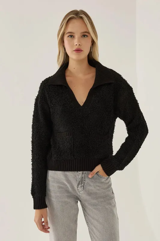 Shirt Collar Crop Sweater with Pocket - Hiccup