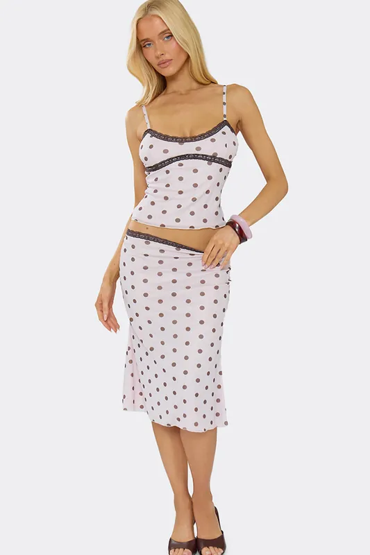 Lace Trim Polka Dot Mid Rise Maxi Skirt - EGO