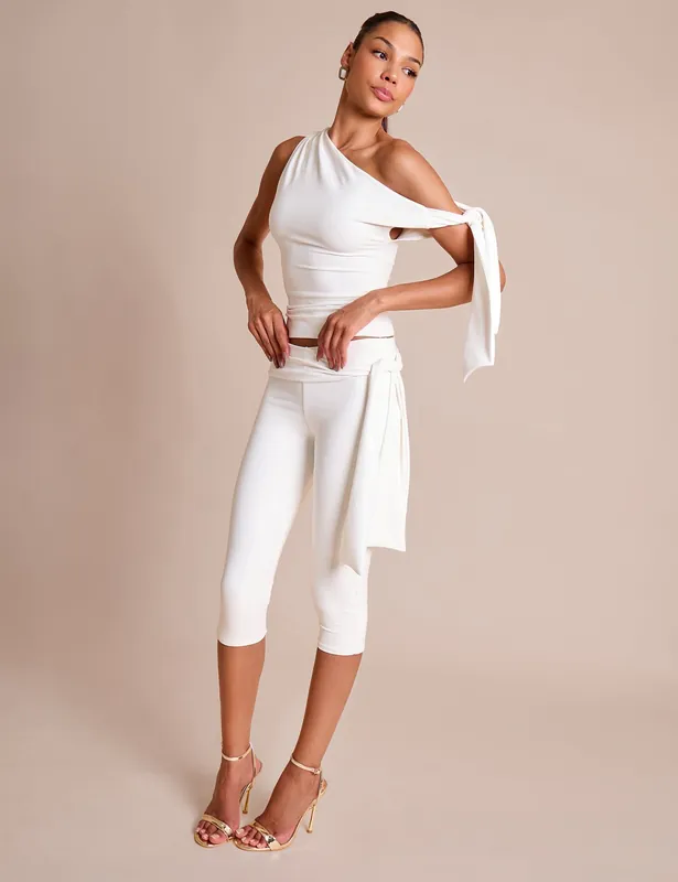 Knot Detail Tie Side Luxe Slinky Capri Pants White - Public Desire