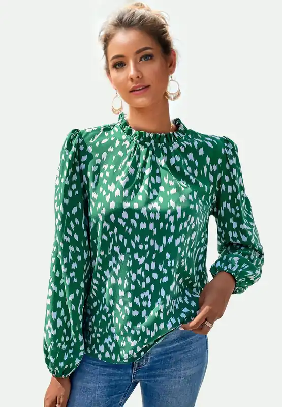 Animal Print Frill Detail High Neck Top In Green - FS Collection
