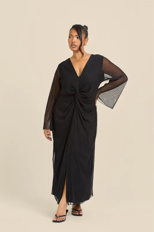 Curve Twist Front Flare Sleeve Black Mesh Midi Dress - FASHION-SZN