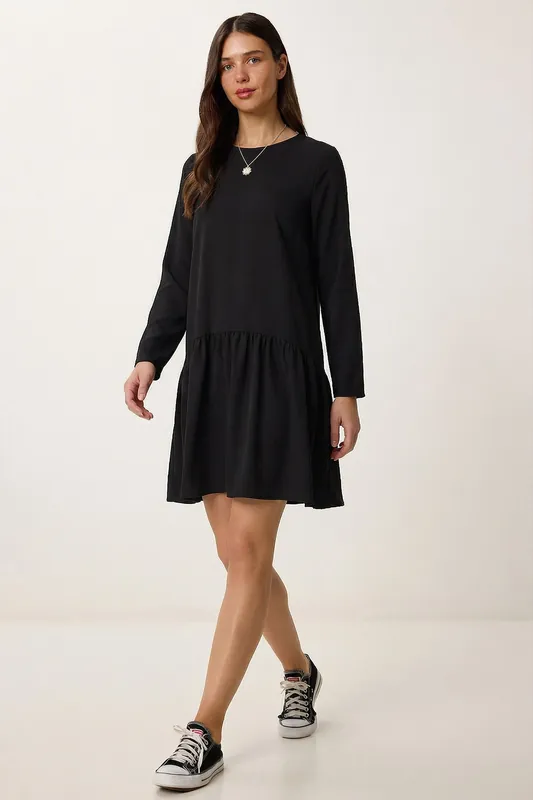 Frilly Crew Neck Long Sleeve Mini Dress - Happiness Istanbul