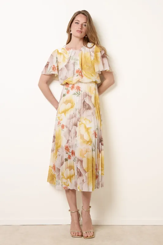 Lemon Pleated Scoop Neck Short Sleeve Floral Dress - Blue Vanilla