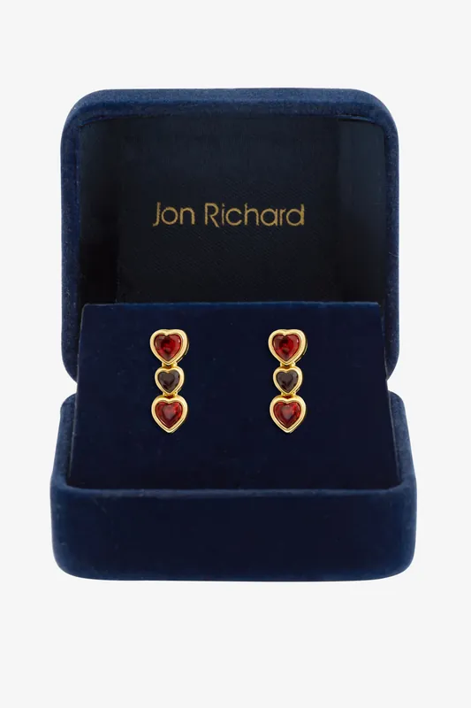 Gold Plated Cubic Zirconia Red Heart Drop Earrings - Jon Richard