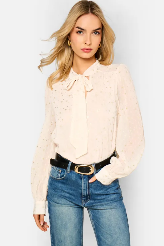 Oatmeal Tie Neck Long Sleeve Top - Gini London