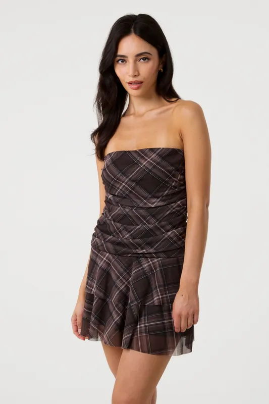 Brown Check Bandeau Ruffle Mini Dress - Pink Vanilla