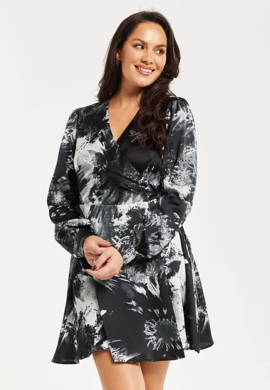 Mono Abstract Print Mini Wrap Dress - Liquorish