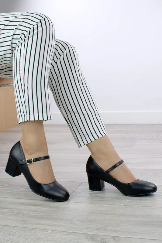 Mid Block Heel Mary Jane Comfort Court Shoes - AJVANI