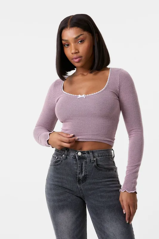 Long Sleeve Rib Top with Bow - Pink Vanilla