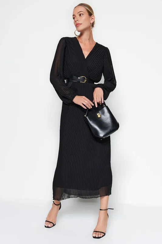 Belted A-Line Pleated Maxi Dress