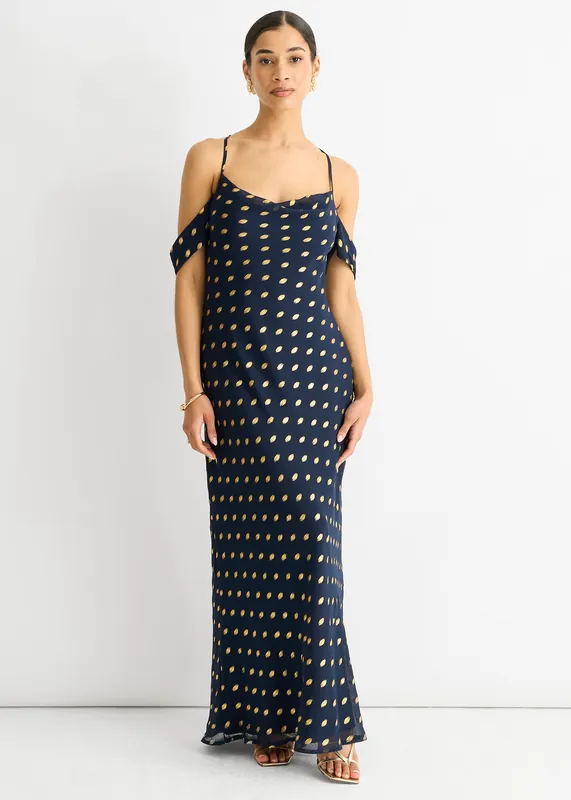 Navy Cowl Neck Drop Sleeves Foil Maxi Dress - Gini London