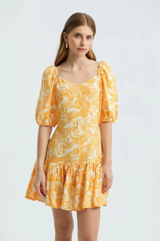 Floral V Neck Ruffled Balloon Sleeves Mini Dress - Hiccup