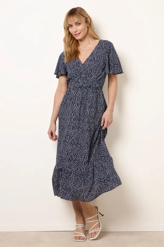 Navy Angel Sleeve Shirred Waist Tier Hem Midi Dress - Blue Vanilla