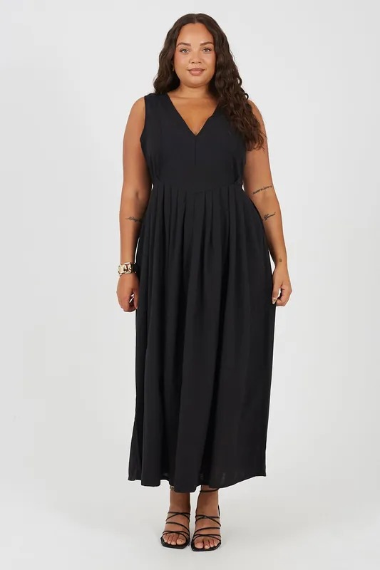 Curve V-Neck Midi Dress With Pleated Skirt