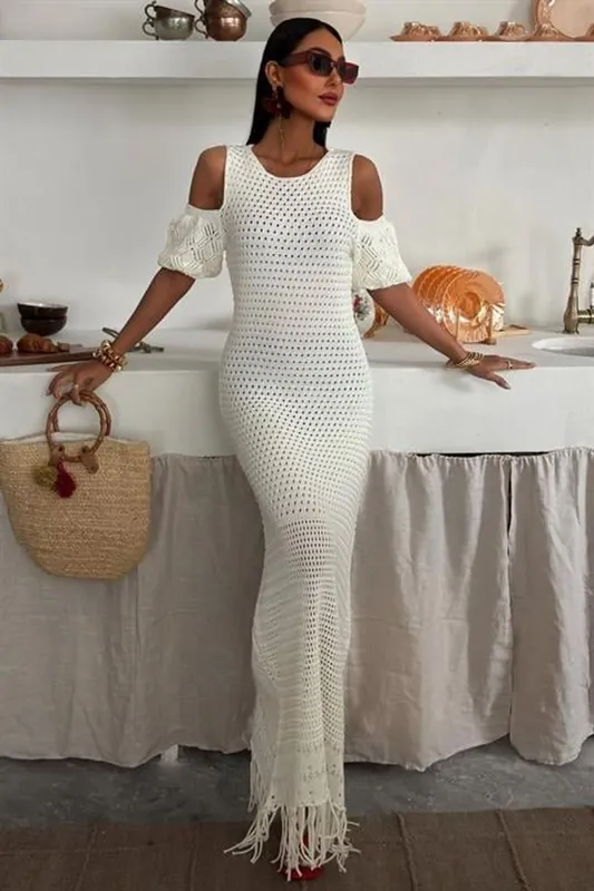 Off Shoulder Midi Dress with Tassel Detail - Janes