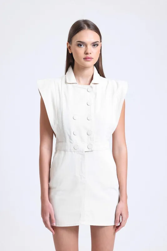 Polo Collar Buttoned Mini Dress with a Padded Shoulder - Hiccup