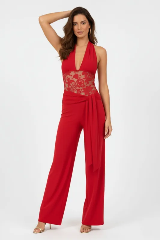 Lace-Panel Wide-Leg Jumpsuit with Drape Detail