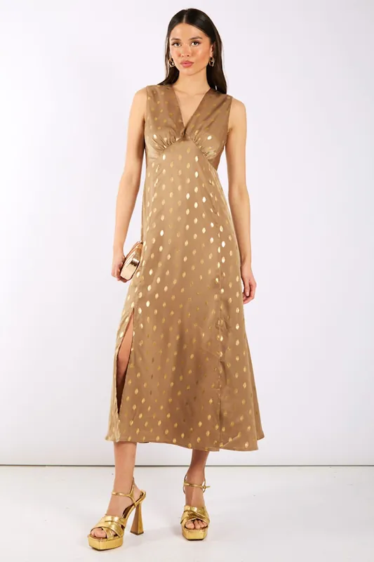 Light Brown Foil Satin Midi Dress - Needs No Label