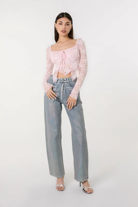 Pink Long Sleeve Lace Butterfly Top - Pink Vanilla