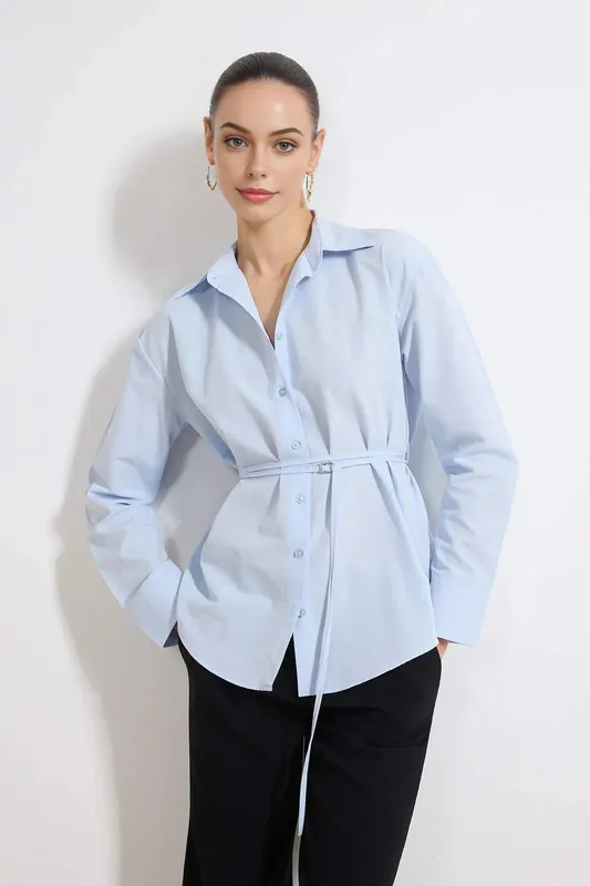 Belted Oversized Collared Long Sleeve Plain Shirt - WOVCOR