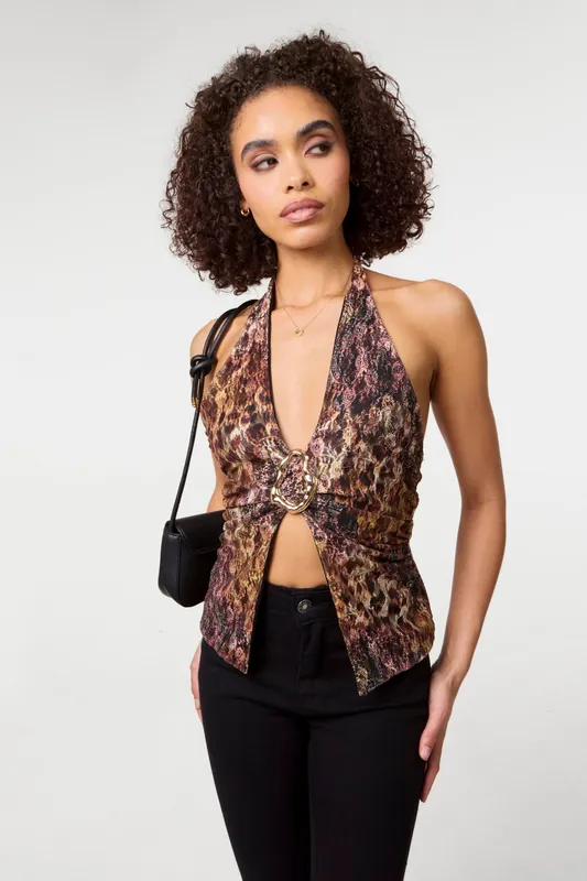 Brown Animal Lace Halter Neck Top - Pink Vanilla