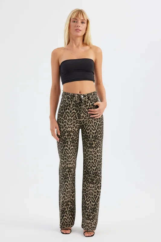 Cotton Animal Printed High Waist Straight Leg Trousers - Hiccup
