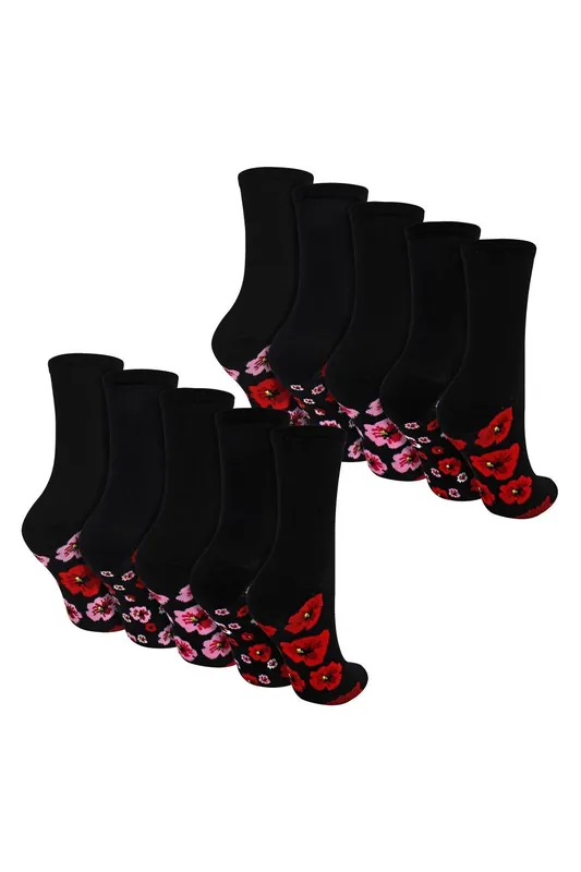 10 Pairs Poppy Footbed Socks - Soft Cotton Rich Floral Everyday Socks