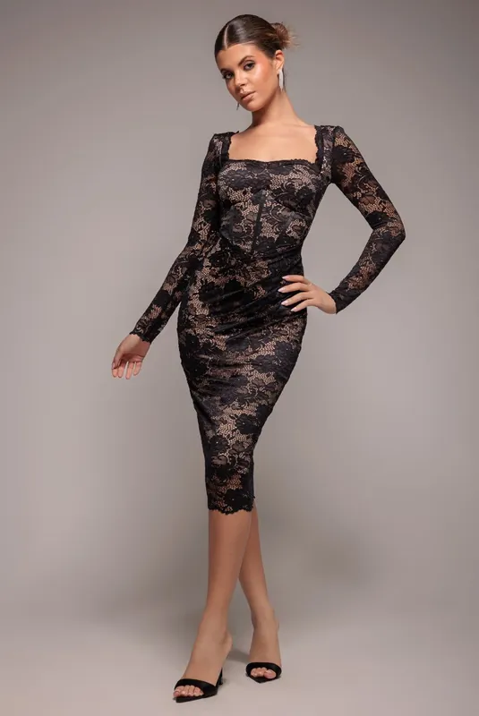 Scalloped Lace Corset Bodice Midi Dress - Goddiva